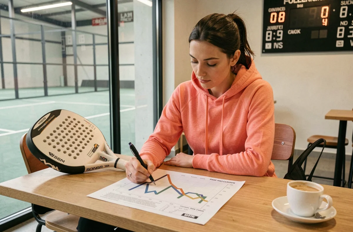 Joueuse de padel annotant un plan de progression sur trois mois pour booster son capital points en compétition