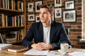 Journaliste sportif Scairbel Simon Lebriacs réfléchissant dans son bureau éditorial avec des documents sportifs éparpillés