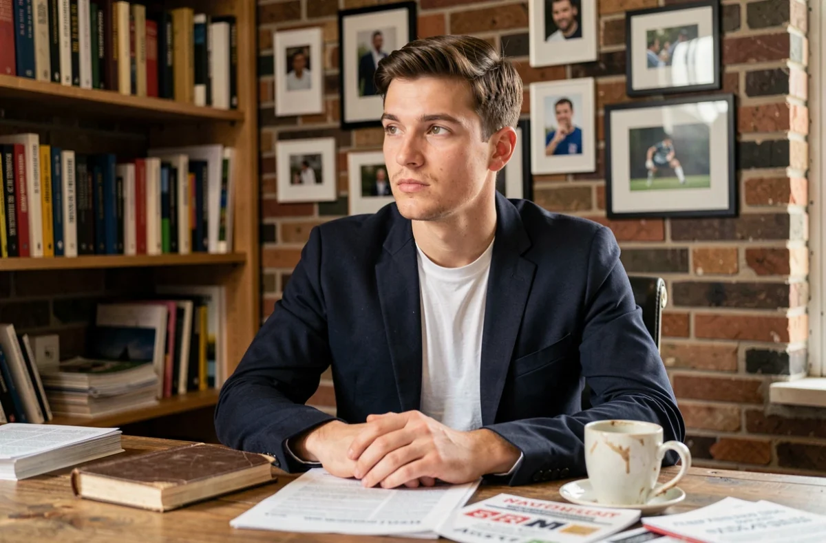 Journaliste sportif Scairbel Simon Lebriacs réfléchissant dans son bureau éditorial avec des documents sportifs éparpillés