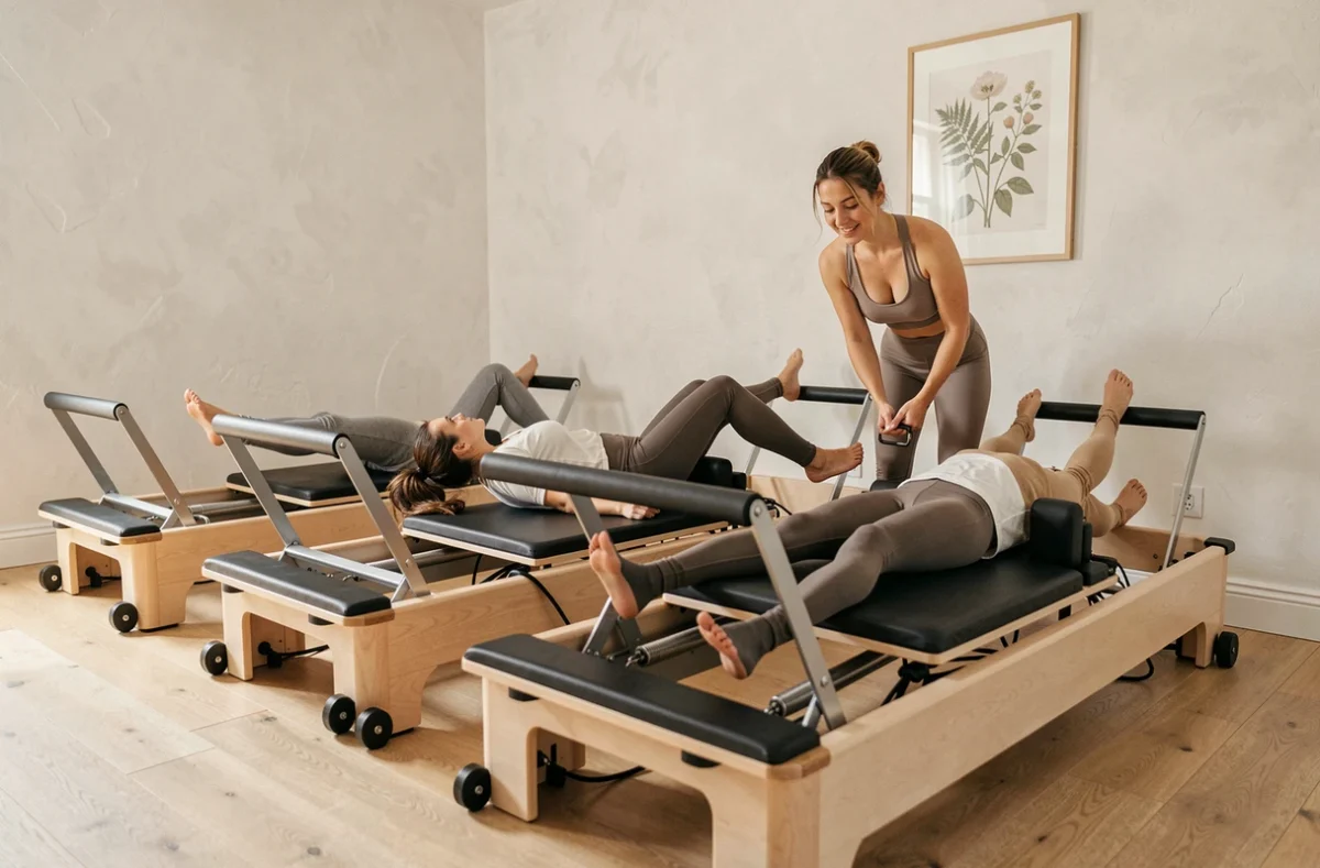 Studio KORE spécialisé Pilates Reformer à Paris avec machines professionnelles alignées et instructrice guidant une élève