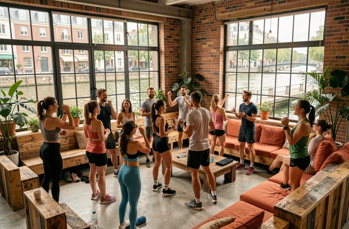 La Montgolfière Canal à Paris, salle de fitness conviviale avec espace social animé en bord de canal Saint-Martin