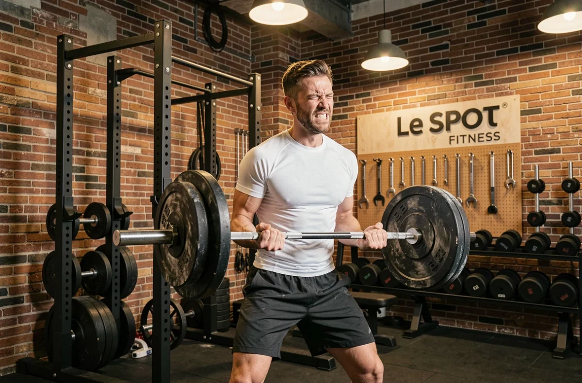 Salle indépendante Le Spot Fitness Saint-Maximin avec power rack, plaques bumper et homme effectuant un soulevé de terre