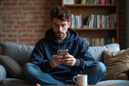 Jeune homme lisant un manga sur smartphone dans un appartement urbain avec étagère de volumes manga en arrière-plan