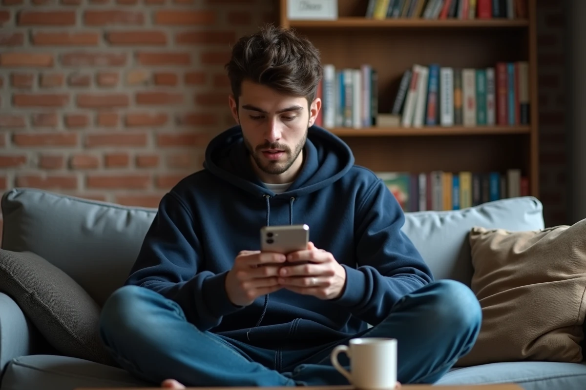Jeune homme lisant un manga sur smartphone dans un appartement urbain avec étagère de volumes manga en arrière-plan