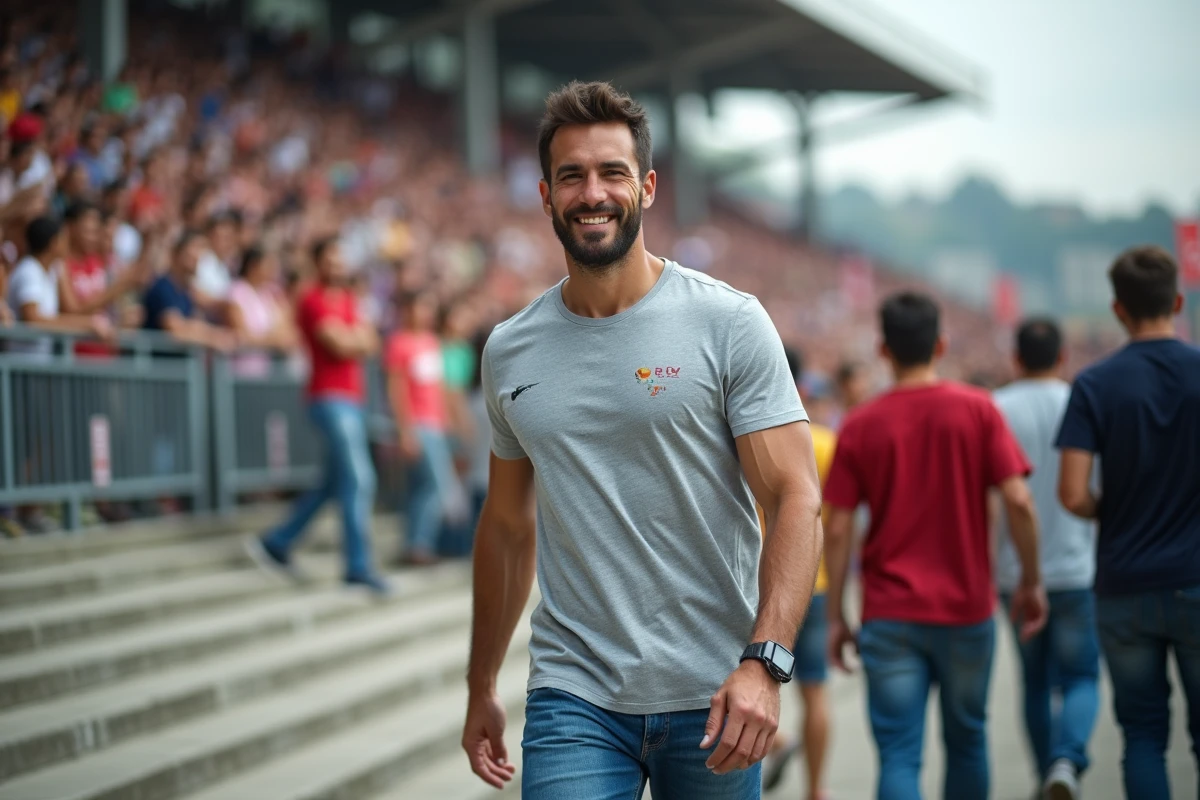 Lutteur en jeans et t-shirt saluant la foule à l