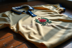 Maillot rugby vintage Angleterre sur table en bois