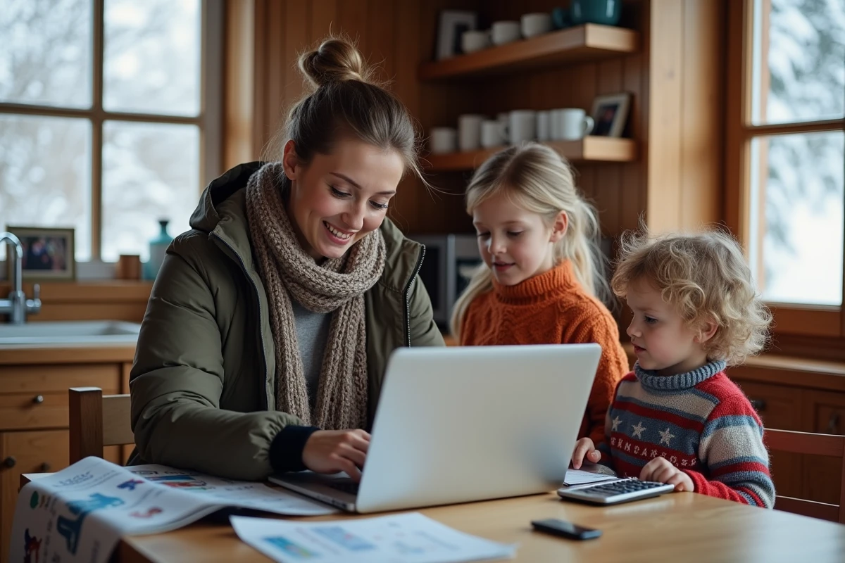 Maman planifiant les vacances de ski avec ses enfants