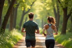 Jeune homme et femme en tenue de sport marchant dans la forêt