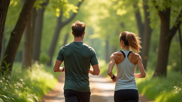 Jeune homme et femme en tenue de sport marchant dans la forêt