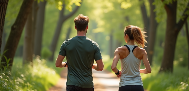 Jeune homme et femme en tenue de sport marchant dans la forêt