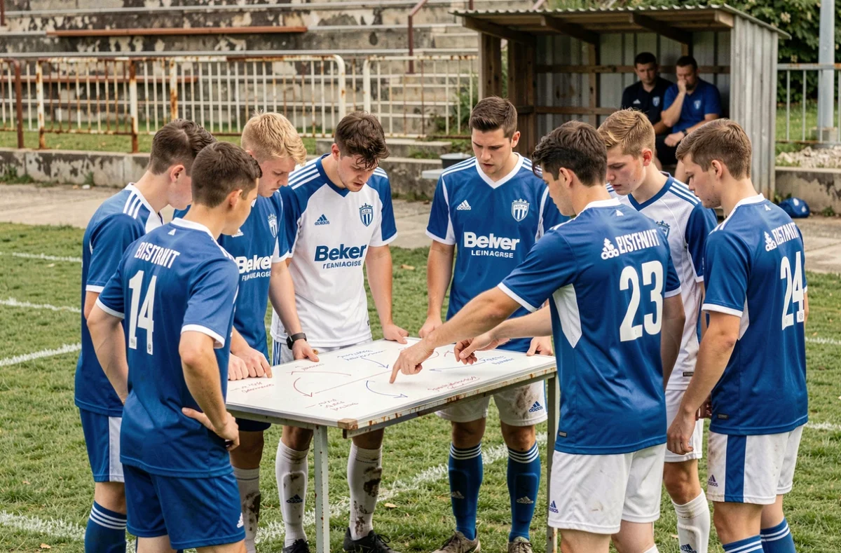 Joueurs de football de district autour d'un tableau tactique lors d'un match clé du classement