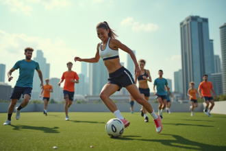 Jeunes jouant au football sur un toit urbain dynamique