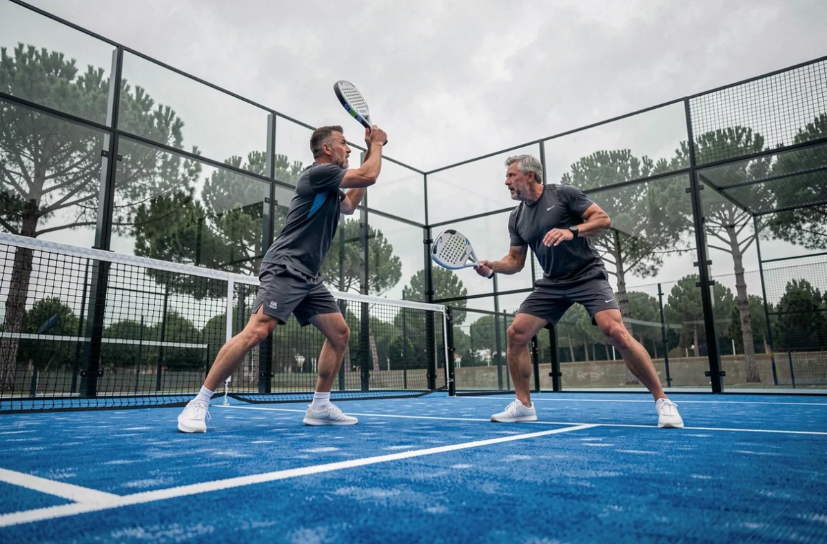 Deux joueurs de padel en plein échange lors d'un match sur court extérieur dans le cadre d'une compétition de classement P100