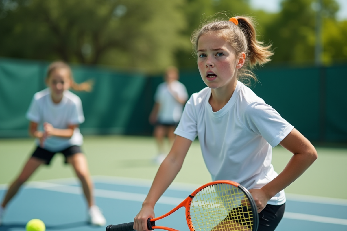 Jeune fille en action lors d’un match de padel en extérieur