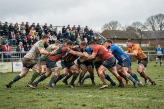 Match de rugby Fédérale 2 Poule 4 avec deux équipes en confrontation lors d'une touche sur terrain enherbé