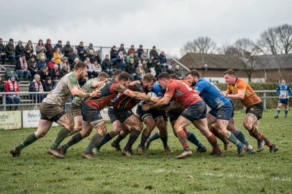 Match de rugby Fédérale 2 Poule 4 avec deux équipes en confrontation lors d'une touche sur terrain enherbé