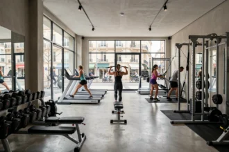 Vue panoramique d'une salle de sport moderne en Haute-Garonne avec équipements variés et pratiquants de fitness