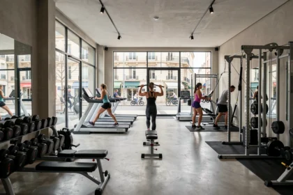 Vue panoramique d'une salle de sport moderne en Haute-Garonne avec équipements variés et pratiquants de fitness