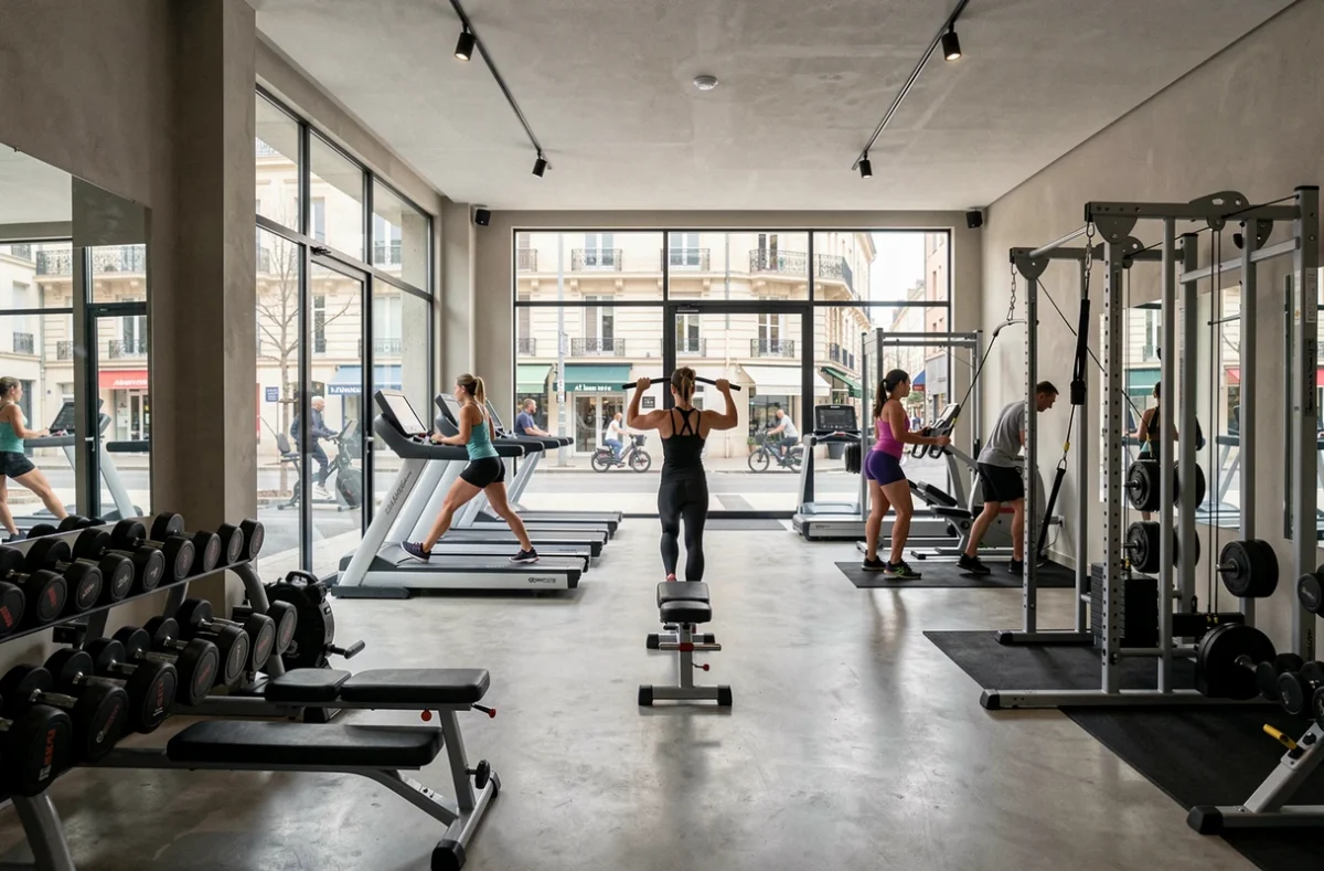 Vue panoramique d'une salle de sport moderne en Haute-Garonne avec équipements variés et pratiquants de fitness
