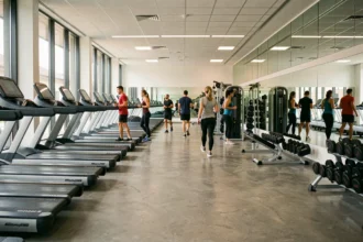 Vue d'ensemble d'une salle de sport moderne en Seine-et-Marne avec équipements de fitness et adhérents en train de s'entraîner