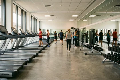 Vue d'ensemble d'une salle de sport moderne en Seine-et-Marne avec équipements de fitness et adhérents en train de s'entraîner