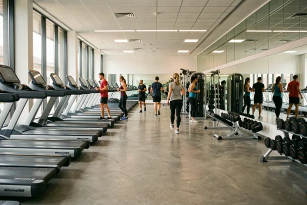 Vue d'ensemble d'une salle de sport moderne en Seine-et-Marne avec équipements de fitness et adhérents en train de s'entraîner
