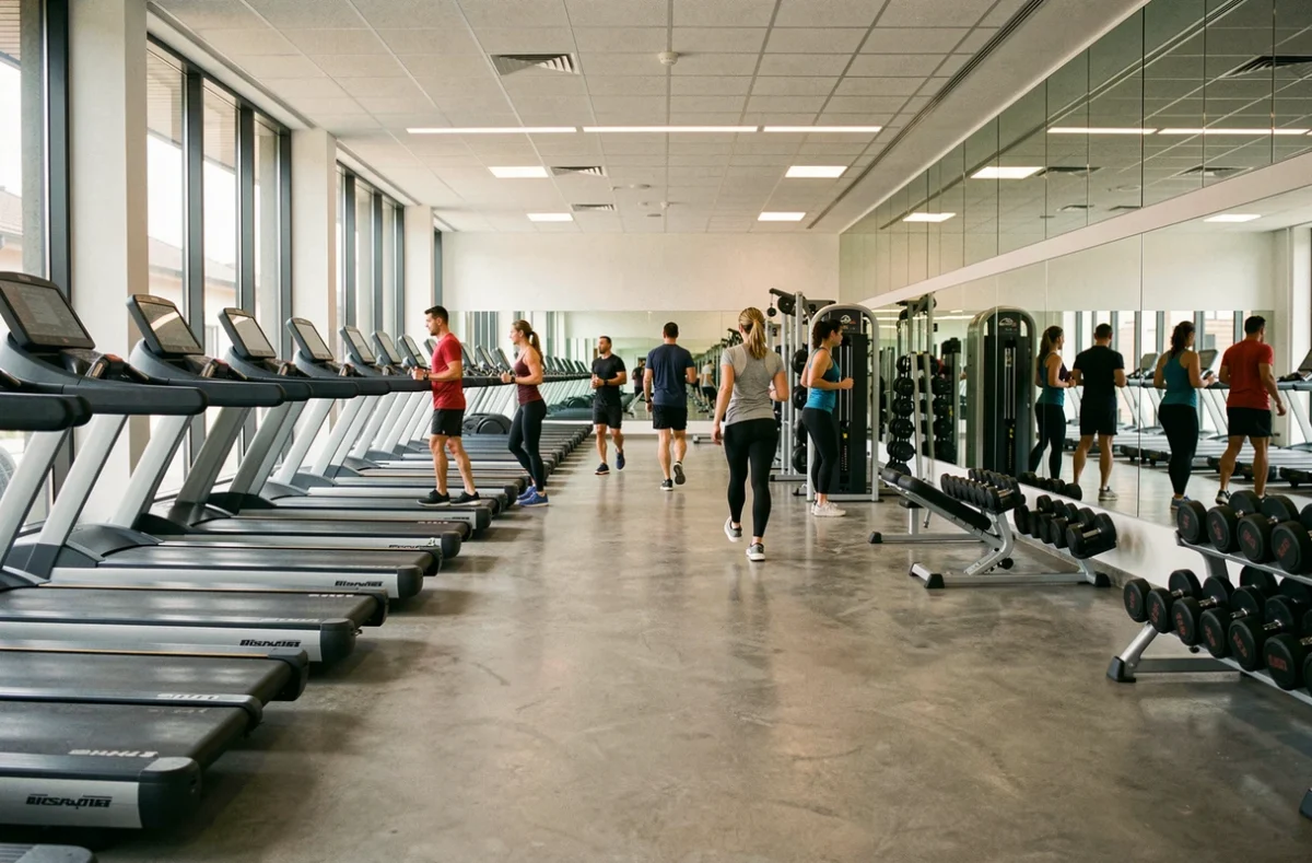 Vue d'ensemble d'une salle de sport moderne en Seine-et-Marne avec équipements de fitness et adhérents en train de s'entraîner