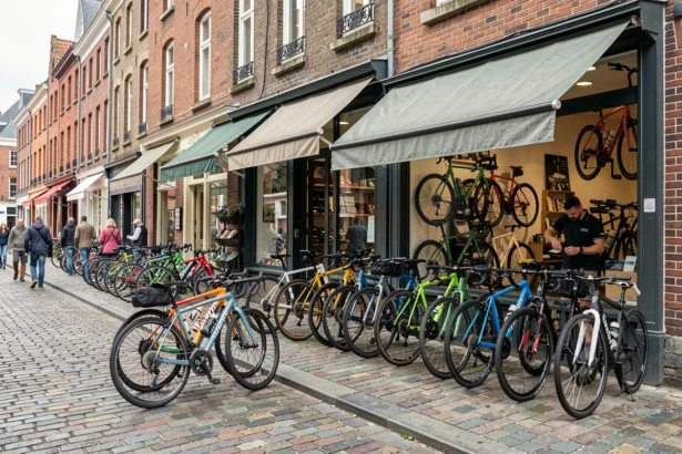 Vue panoramique d'une rue animée du Nord avec des vélos exposés devant une boutique spécialisée, ambiance urbaine et communautaire