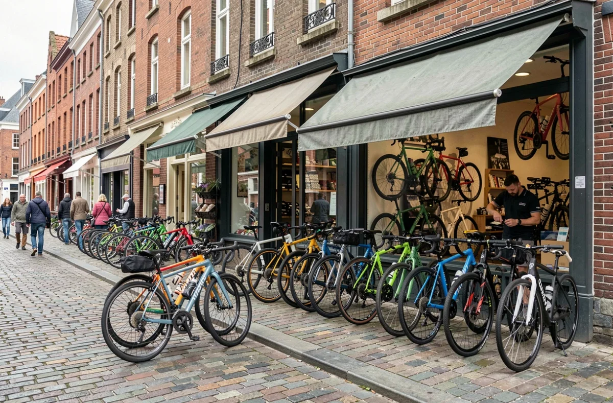 Vue panoramique d'une rue animée du Nord avec des vélos exposés devant une boutique spécialisée, ambiance urbaine et communautaire