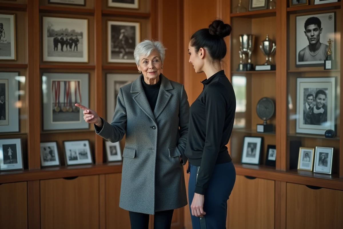 Mère et jeune sportive dans une salle des trophées, partageant l'héritage d'une carrière sportive