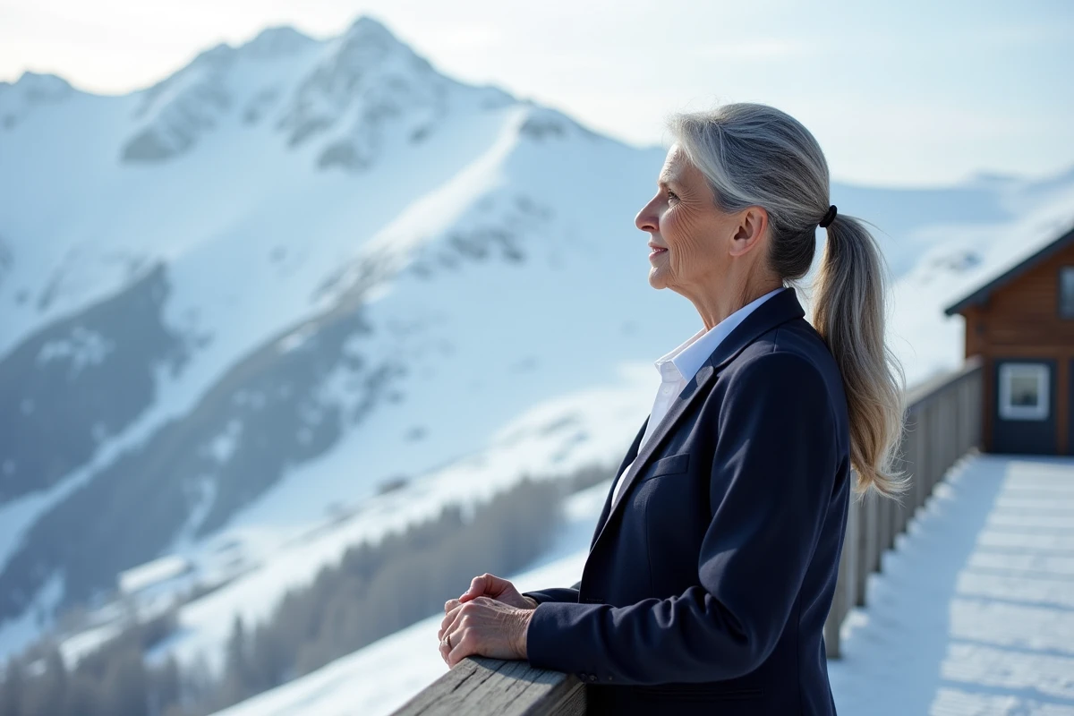Femme mature au bord d'une piste de ski en montagne, regard fier vers les pentes enneigées