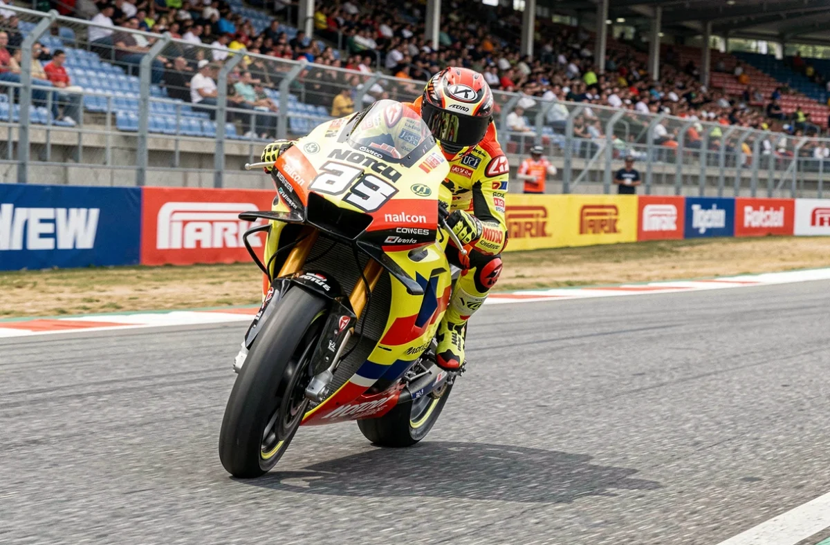 Moto MotoGP en pleine courbe sur circuit avec angle d'inclinaison extrême, genou au sol, tribunes en arrière-plan lors d'une course de Grand Prix