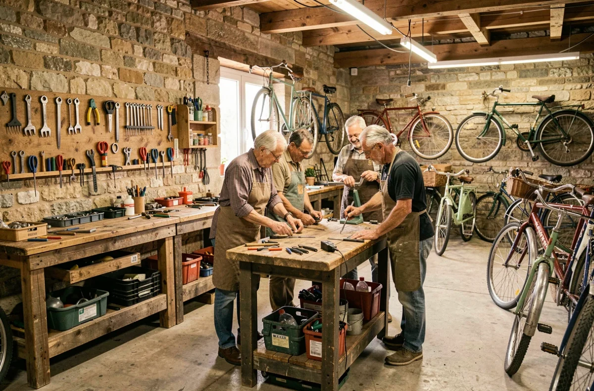 Groupe de participants réparant des vélos ensemble dans l'atelier associatif et solidaire Le Moulin à Vélos