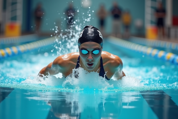 Femme nageuse en action lors d'une compétition en piscine intérieure