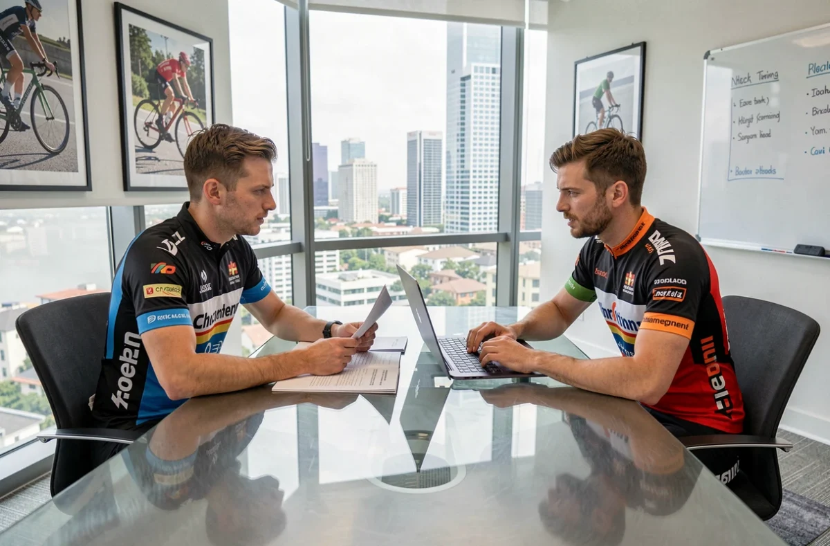 Deux cyclistes en négociation de contrat dans un bureau moderne, représentant les discussions du mercato professionnel 2026