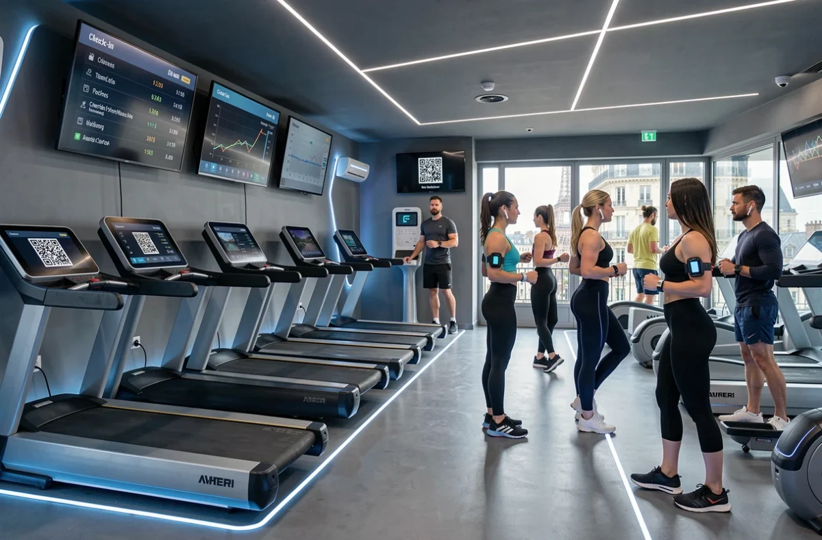Club de sport connecté Nxt Lvl à Paris avec équipements numériques, écrans de performance intégrés et ambiance technologique futuriste