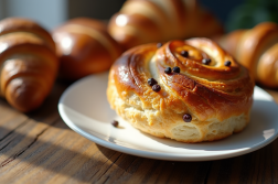 Pain aux raisins sur assiette en céramique avec viennoiseries