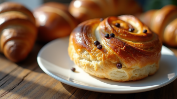 Pain aux raisins sur assiette en céramique avec viennoiseries