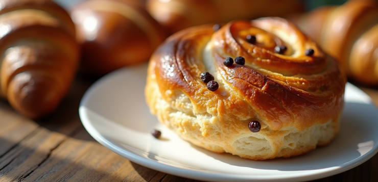Pain aux raisins sur assiette en céramique avec viennoiseries