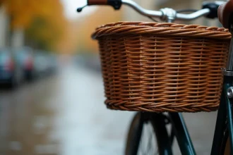 Gros plan sur un panier vélo en osier avec des gouttes de pluie sur les fibres tressées, illustrant la résistance des matériaux naturels aux intempéries
