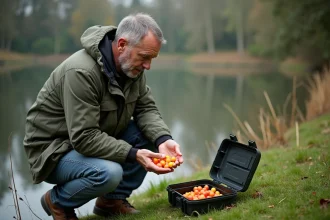 Homme pêcheur au bord de l’eau avec appât carpe