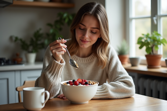 Jeune femme dégustant un bol de yaourt aux fruits