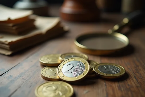 Pièce de 2 euros commémorative en gros plan sur une table de collectionneur avec loupe et album numismatique