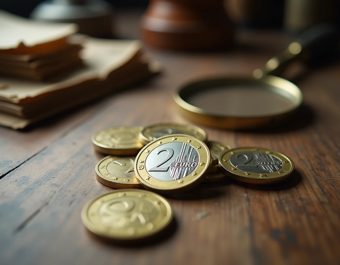 Pièce de 2 euros commémorative en gros plan sur une table de collectionneur avec loupe et album numismatique