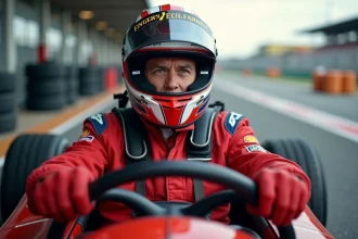 Pilote en combinaison rouge dans le cockpit d'une voiture de circuit avant un stage de pilotage