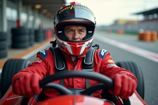 Pilote en combinaison rouge dans le cockpit d'une voiture de circuit avant un stage de pilotage