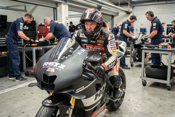 Pilote MotoGP en combinaison de course assis sur sa moto dans le garage des stands, visière relevée, entouré de mécaniciens lors d'un week-end de Grand Prix