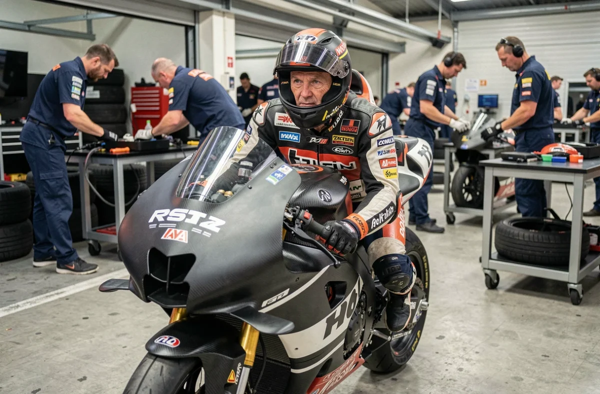 Pilote MotoGP en combinaison de course assis sur sa moto dans le garage des stands, visière relevée, entouré de mécaniciens lors d'un week-end de Grand Prix