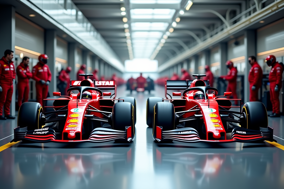 Voiture F1 et moto GP dans le stand avec équipes prêtes