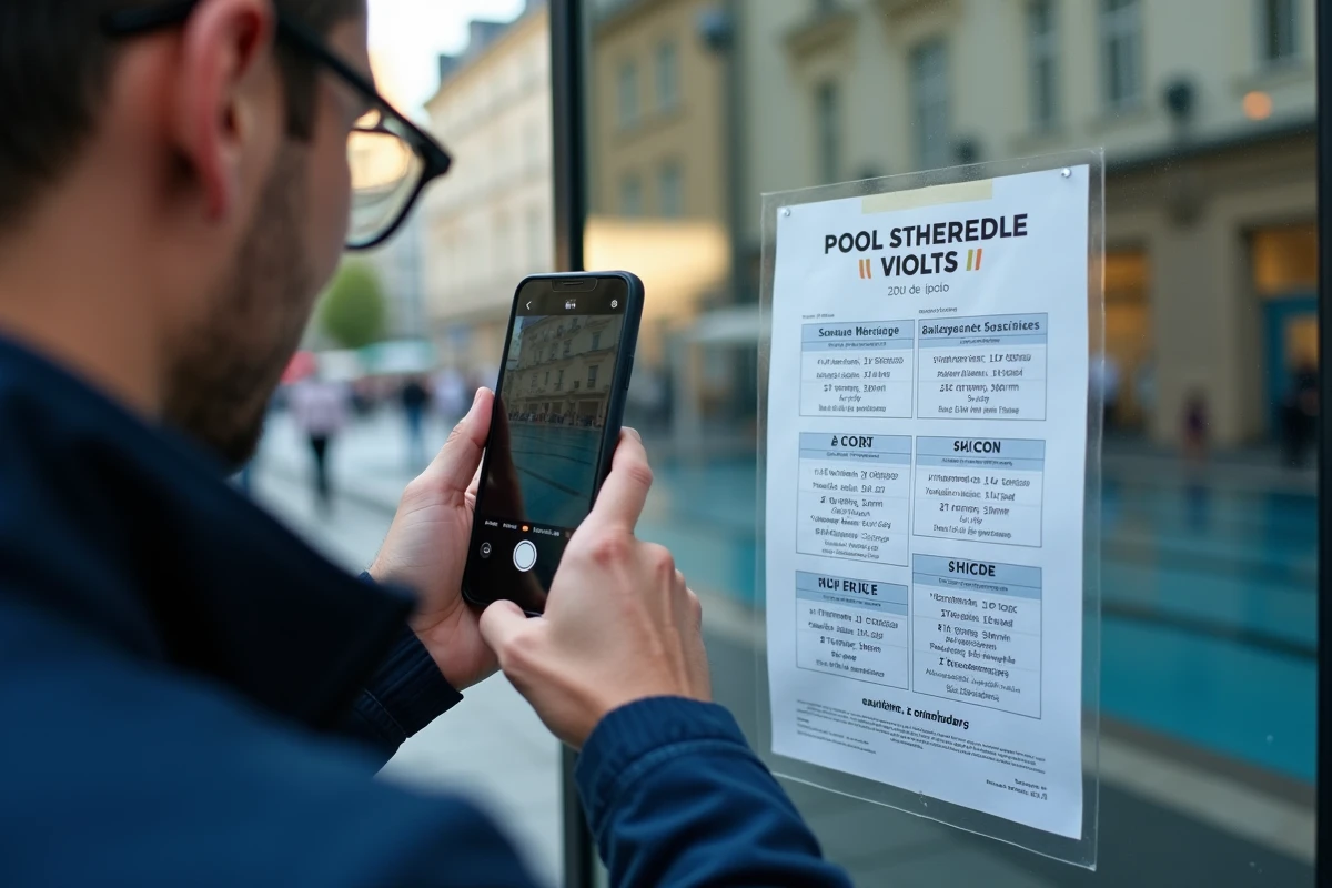 Gros plan sur le planning jour par jour de la piscine des Buttes-aux-Cailles affiché sur le panneau officiel à Paris